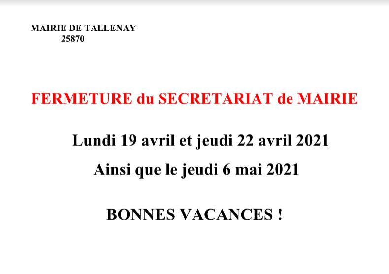 Fermeture du secrétariat de la mairie