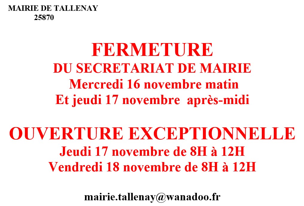 Horaires exceptionnels du secrétariat de mairie